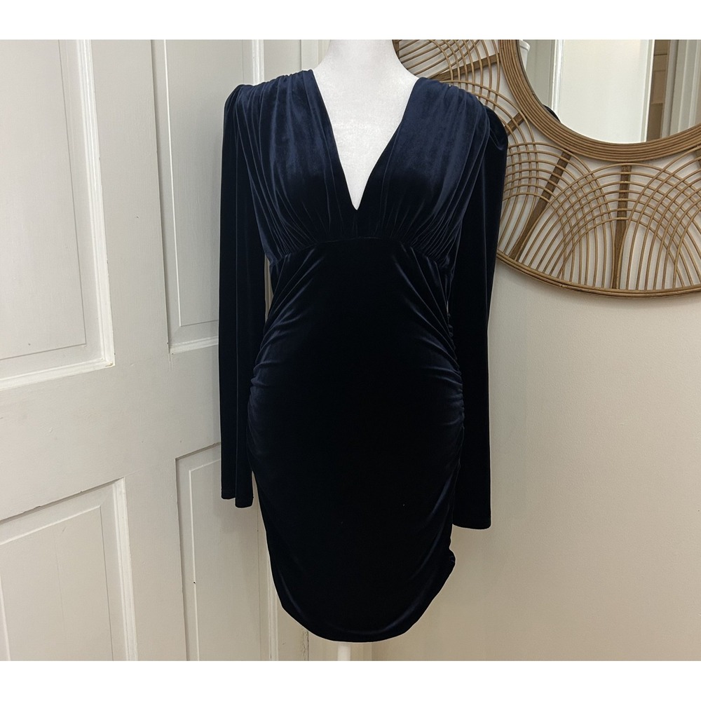 BCBG Maxazria Y2K Blue Velvet Evening Ruched Party Cocktail Holiday Dress Sz M